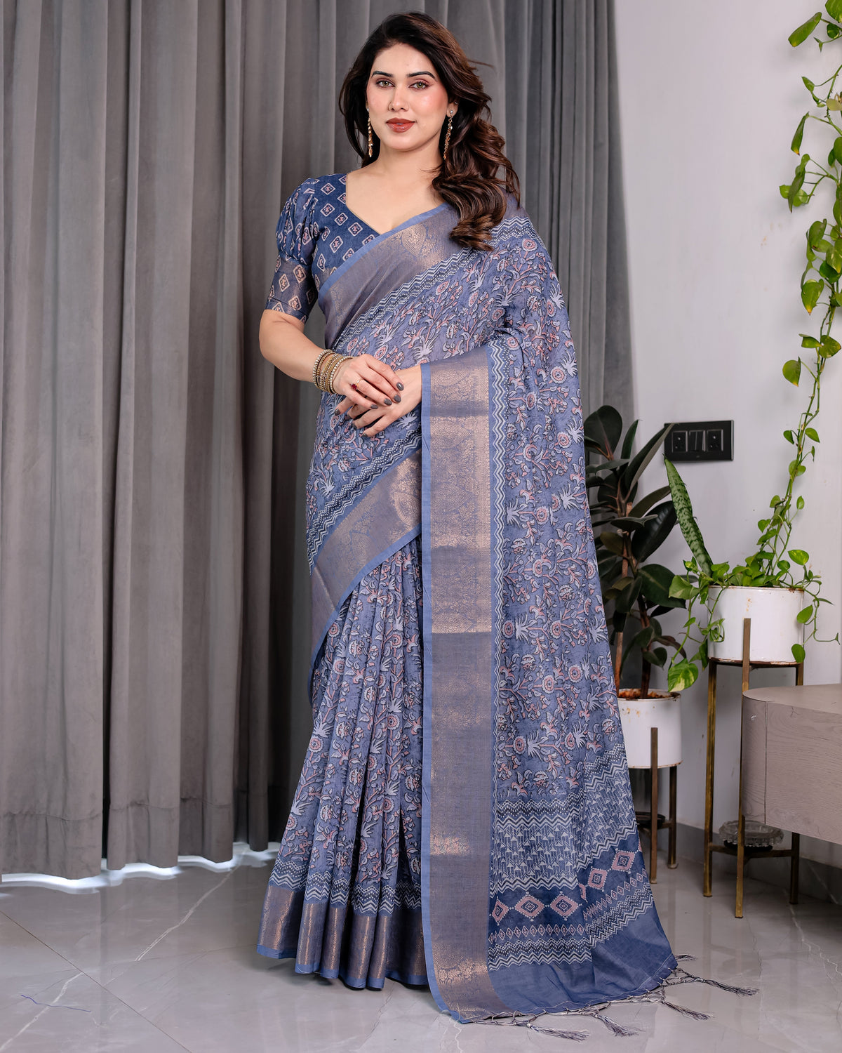 Dusty Blue Pure Handloom Linen Saree with All-Over Floral Vine Print & Zari Border | Geometric Pallu & Tassels | 5.5m Saree + 0.8m Blouse