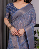 Dusty Blue Pure Handloom Linen Saree with All-Over Floral Vine Print & Zari Border | Geometric Pallu & Tassels | 5.5m Saree + 0.8m Blouse