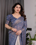 Dusty Blue Pure Handloom Linen Saree with All-Over Floral Vine Print & Zari Border | Geometric Pallu & Tassels | 5.5m Saree + 0.8m Blouse