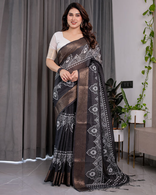 Black Handloom Linen Saree with White Floral Mandala Print, Zari Border & Tassel Pallu | 5.5m Saree + 0.8m Blouse
