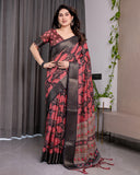 Black & Rust Red Handloom Linen Saree with Heart Floral Print & Striped Ethnic Pallu | Antique Zari Border & Tassel Detailing | Attached Blouse | 5.5m Saree + 0.8m Blouse