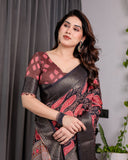 Black & Rust Red Handloom Linen Saree with Heart Floral Print & Striped Ethnic Pallu | Antique Zari Border & Tassel Detailing | Attached Blouse | 5.5m Saree + 0.8m Blouse