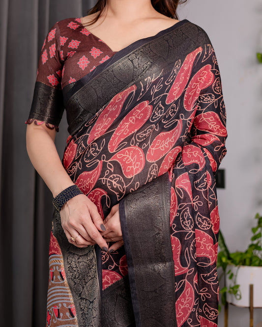 Black & Rust Red Handloom Linen Saree with Heart Floral Print & Striped Ethnic Pallu | Antique Zari Border & Tassel Detailing | Attached Blouse | 5.5m Saree + 0.8m Blouse