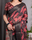 Black & Rust Red Handloom Linen Saree with Heart Floral Print & Striped Ethnic Pallu | Antique Zari Border & Tassel Detailing | Attached Blouse | 5.5m Saree + 0.8m Blouse