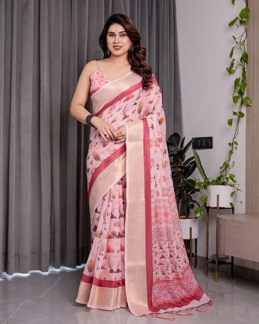 Blush Pink Handloom Linen Saree with Lotus Motif Printed Pallu & Zari Border | 5.5m Saree + 0.8m Blouse | Elegant Tassel Finish
