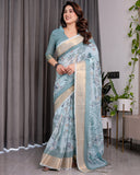 Pastel Aqua Blue Handloom Linen Saree with Peacock & Floral Digital Print, Zari Border & Tassel Pallu | 5.5m Saree + 0.8m Blouse