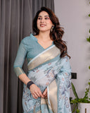 Pastel Aqua Blue Handloom Linen Saree with Peacock & Floral Digital Print, Zari Border & Tassel Pallu | 5.5m Saree + 0.8m Blouse