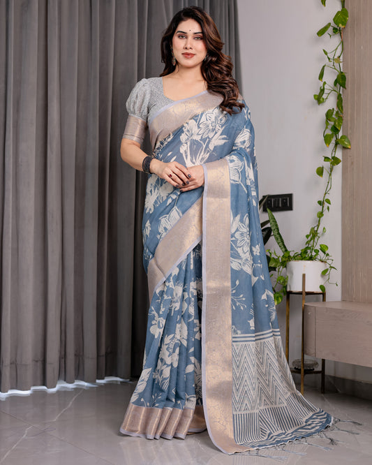 Slate Blue Handloom Linen Saree with Ivory Floral Print & Zigzag Pallu | Zari Border | 5.5m Saree + 0.8m Blouse
