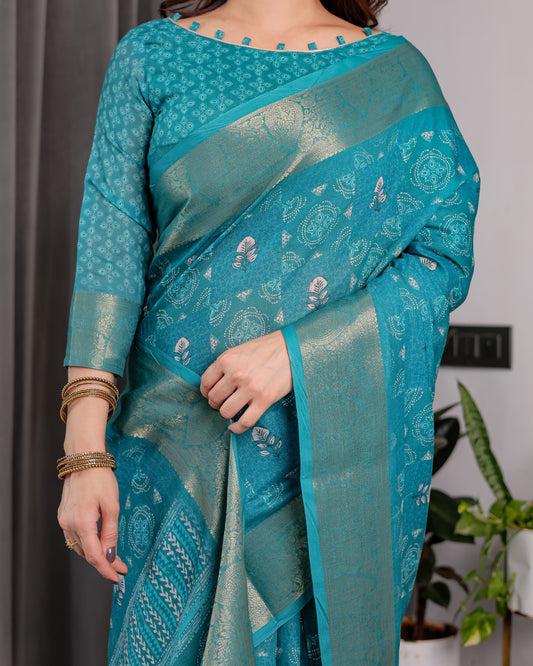 Teal Blue Handloom Linen Printed Saree with Rose Motifs & Zari Border | Pallu with Buttis & Tassels | 5.5m Saree + 0.8m Blouse