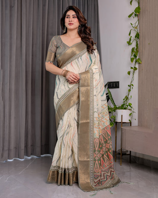 Elegant Cream & Gold Woven Ikat Silk Saree with Designer Border With Tassles