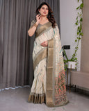 Elegant Cream & Gold Woven Ikat Silk Saree with Designer Border With Tassles