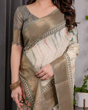 Elegant Cream & Gold Woven Ikat Silk Saree with Designer Border With Tassles