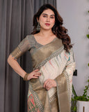 Elegant Cream & Gold Woven Ikat Silk Saree with Designer Border With Tassles