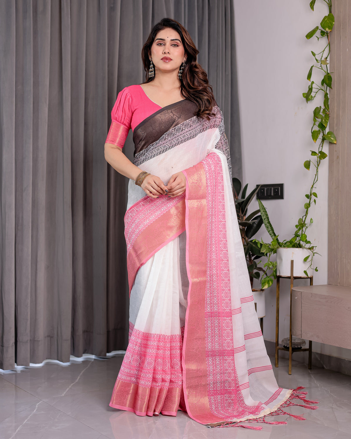 White & Charcoal Handloom Linen Saree with Pink Striped Pallu & Zari Woven Borders | 5.5m Saree + 0.8m Blouse | Elegant Tassel Finish
