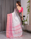White & Charcoal Handloom Linen Saree with Pink Striped Pallu & Zari Woven Borders | 5.5m Saree + 0.8m Blouse | Elegant Tassel Finish