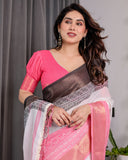 White & Charcoal Handloom Linen Saree with Pink Striped Pallu & Zari Woven Borders | 5.5m Saree + 0.8m Blouse | Elegant Tassel Finish