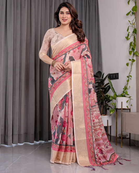 Ivory Pink Handloom Linen Saree with Artistic Flamingo & Floral Pallu | Zari Woven Border | 5.5m Saree + 0.8m Blouse | Elegant Tassel Detail