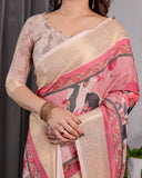 Ivory Pink Handloom Linen Saree with Artistic Flamingo & Floral Pallu | Zari Woven Border | 5.5m Saree + 0.8m Blouse | Elegant Tassel Detail