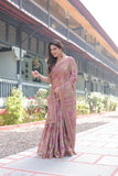 Regal Pink Handloom Cotton-Linen Saree with Floral Motifs, Golden Zari Highlights, and Tassel Detailing