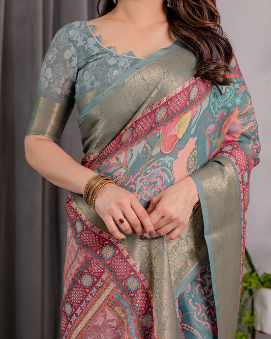 Sage Green Handloom Linen Saree with Multicolor Mythical Elephant & Floral Printed Pallu | Zari Border | 5.5m Saree + 0.8m Blouse | Festive Tassel Finish