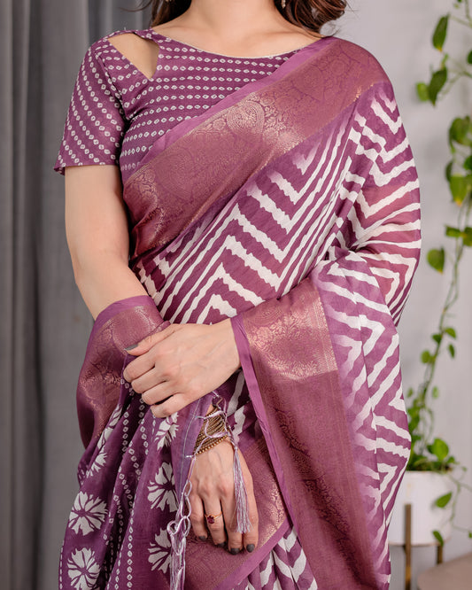 Plum Purple Handloom Linen Saree with Zigzag & Floral Motifs | Zari Border & Tassels | 5.5m Saree + 0.8m Blouse Piece