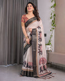 Ivory Handloom Linen Saree with Elephant Parade Print, Tree Motifs & Antique Zari Border | Tassel Finish | Attached Blouse | 5.5m Saree + 0.8m Blouse