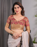 Ivory Handloom Linen Saree with Elephant Parade Print, Tree Motifs & Antique Zari Border | Tassel Finish | Attached Blouse | 5.5m Saree + 0.8m Blouse