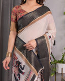 Ivory Handloom Linen Saree with Elephant Parade Print, Tree Motifs & Antique Zari Border | Tassel Finish | Attached Blouse | 5.5m Saree + 0.8m Blouse