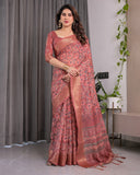 Rust Maroon Handloom Linen Saree with All-Over Floral Print & Ornate Traditional Pallu | Gold Zari Border & Tassel Finish | Attached Blouse | 5.5m Saree + 0.8m Blouse