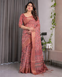 Rust Maroon Handloom Linen Saree with All-Over Floral Print & Ornate Traditional Pallu | Gold Zari Border & Tassel Finish | Attached Blouse | 5.5m Saree + 0.8m Blouse