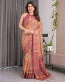 Multicolor Paisley Print Handloom Linen Saree with Traditional Rust Red Pallu & Gold Zari Border | Tassel Edging | Attached Blouse | 5.5m Saree + 0.8m Blouse