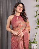 Multicolor Paisley Print Handloom Linen Saree with Traditional Rust Red Pallu & Gold Zari Border | Tassel Edging | Attached Blouse | 5.5m Saree + 0.8m Blouse