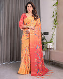Sunset Orange Handloom Linen Saree with Bluebird & Floral Digital Print | Contrasting Red Pallu & Gold Zari Border | Tassel Detailing | Attached Blouse | 5.5m Saree + 0.8m Blouse