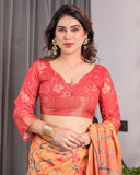 Sunset Orange Handloom Linen Saree with Bluebird & Floral Digital Print | Contrasting Red Pallu & Gold Zari Border | Tassel Detailing | Attached Blouse | 5.5m Saree + 0.8m Blouse