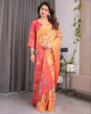 Sunset Orange Handloom Linen Saree with Bluebird & Floral Digital Print | Contrasting Red Pallu & Gold Zari Border | Tassel Detailing | Attached Blouse | 5.5m Saree + 0.8m Blouse