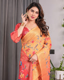 Sunset Orange Handloom Linen Saree with Bluebird & Floral Digital Print | Contrasting Red Pallu & Gold Zari Border | Tassel Detailing | Attached Blouse | 5.5m Saree + 0.8m Blouse