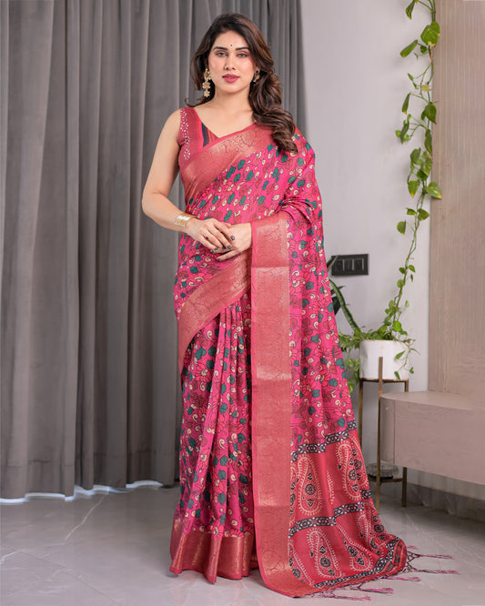 Rani Pink Handloom Linen Saree with Floral Vine Print & Paisley Pallu | Gold Zari Border & Tassel Detailing | Attached Blouse | 5.5m Saree + 0.8m Blouse