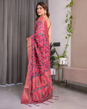 Rani Pink Handloom Linen Saree with Floral Vine Print & Paisley Pallu | Gold Zari Border & Tassel Detailing | Attached Blouse | 5.5m Saree + 0.8m Blouse