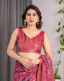 Rani Pink Handloom Linen Saree with Floral Vine Print & Paisley Pallu | Gold Zari Border & Tassel Detailing | Attached Blouse | 5.5m Saree + 0.8m Blouse