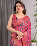 Rani Pink Handloom Linen Saree with Floral Vine Print & Paisley Pallu | Gold Zari Border & Tassel Detailing | Attached Blouse | 5.5m Saree + 0.8m Blouse
