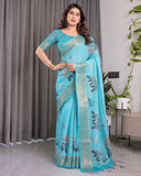 Turquoise Blue Handloom Linen Saree with Floral Digital Print & Golden Zari Border | Tassel Detailing | Attached Blouse | 5.5m Saree + 0.8m Blouse