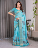Turquoise Blue Handloom Linen Saree with Floral Digital Print & Golden Zari Border | Tassel Detailing | Attached Blouse | 5.5m Saree + 0.8m Blouse