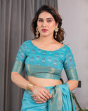 Turquoise Blue Handloom Linen Saree with Floral Digital Print & Golden Zari Border | Tassel Detailing | Attached Blouse | 5.5m Saree + 0.8m Blouse