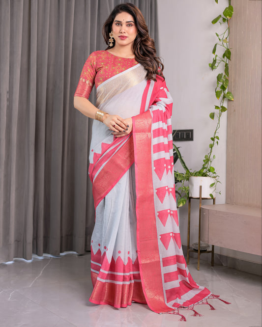 White & Pink Handloom Linen Saree with Geometric Flag Print & Gold Zari Border | Festive Tassel Detailing | Attached Blouse | 5.5m Saree + 0.8m Blouse