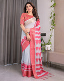 White & Pink Handloom Linen Saree with Geometric Flag Print & Gold Zari Border | Festive Tassel Detailing | Attached Blouse | 5.5m Saree + 0.8m Blouse