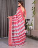 White & Pink Handloom Linen Saree with Geometric Flag Print & Gold Zari Border | Festive Tassel Detailing | Attached Blouse | 5.5m Saree + 0.8m Blouse