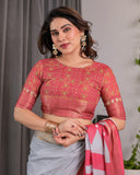 White & Pink Handloom Linen Saree with Geometric Flag Print & Gold Zari Border | Festive Tassel Detailing | Attached Blouse | 5.5m Saree + 0.8m Blouse