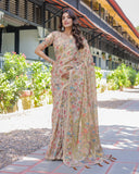 Ivory Beige Handloom Cotton Saree with Multicolor Floral & Peacock Tree of Life Pallu