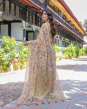 Ivory Beige Handloom Cotton Saree with Multicolor Floral & Peacock Tree of Life Pallu