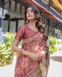 Maroon Handloom Cotton Saree with Intricate Peacock & Floral Art – Contrast Green Pallu
